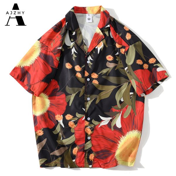 

floral print streetwear shirt men hip hop turn-down collar button up shirts short sleeve harajuku vintage korean casual shirt, White;black