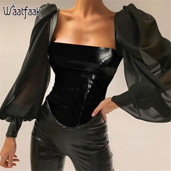 

waatfaak long sleeve blouse women gothic blacak leather blouse ladies elegant lantern sleeve chiffon blouses square collar, White