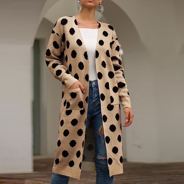 

elegant knitted loose long sleeve cardigan big wave point women autumn winter cardigans sweaters plus size cardigan pull femme, White