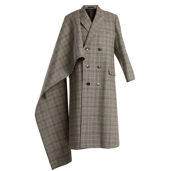 

lanmrem 2019 new spring women's design jacket fashion european plaided double breasted personal plaid patchwrok long coat wb671, Black