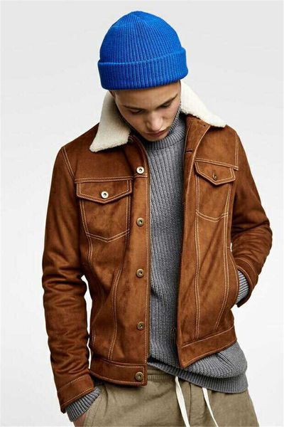 

fashion mens designer jackets fur neck detachable solid color zipper fly fleece jackets mens winter warm jackets, Black