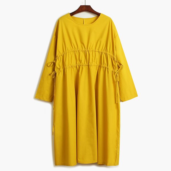 

ewq] 2020 spring summer new arrivals o-neck high waist three quarter sleeve women loose knee length solid dress aw14700, Black;gray