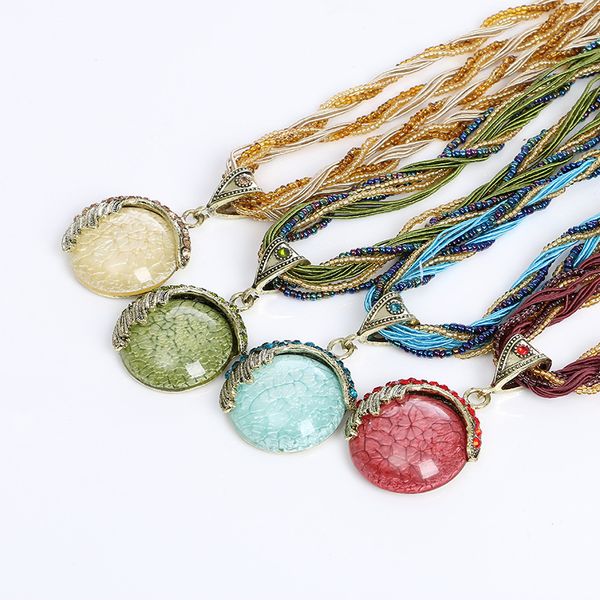 

женщины ожерелье дизайнерские ювелирные изделия, сделанные ретро сплава горный хрусталь геометрическая бирюзовый кулон пряди бусы для подарк, Silver