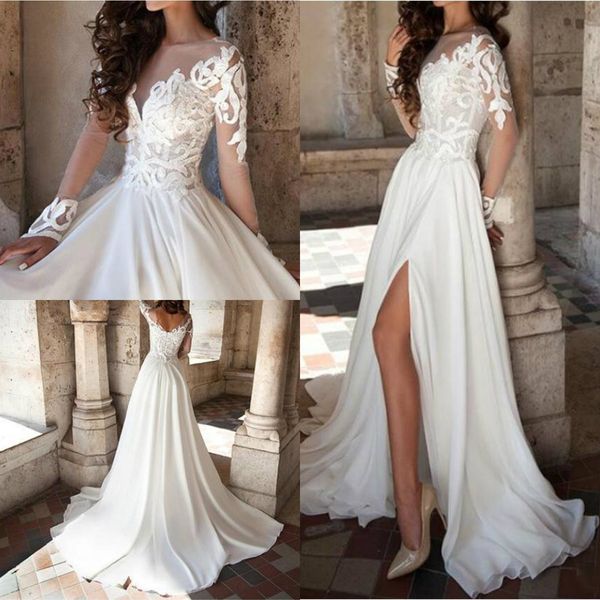 

берта классические свадебные платья jewel шеи длинными рукавами высокой стороне сплит спинки boho шифон свадебное платье развертки поезд лин, White