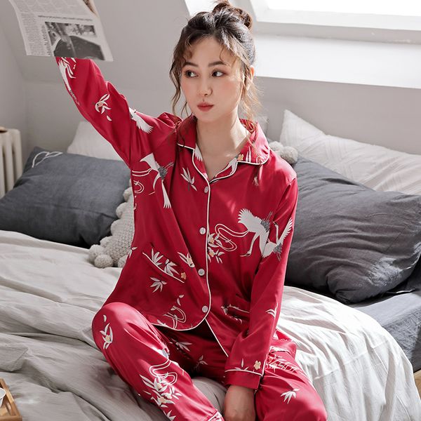 

women silk stain print pajamas sets red long sleeves shirt blouse+pants 2pcs smooth womens pyjamas homewear -3xl, Black;red