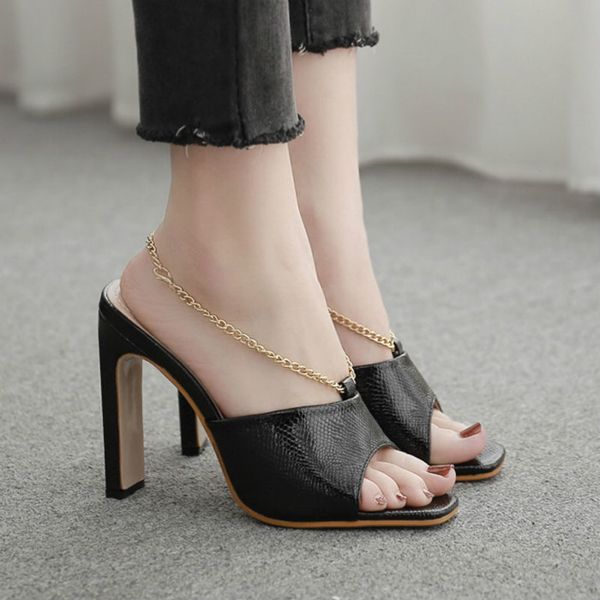 

лето 2020 новая мода джокер голова рыбы рот металлической цепью квадратный каблук росы пятки сандалии высокой пятки высокие дамы сандалии пр, Black