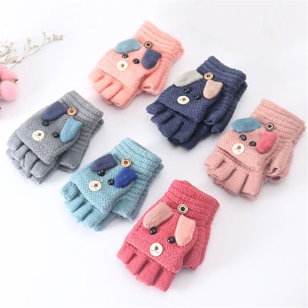 

2019 winter christmas kids warm gloves primary school cashmere knit flip half finger gloves cartoon mittens for boys girls 6-12y, White