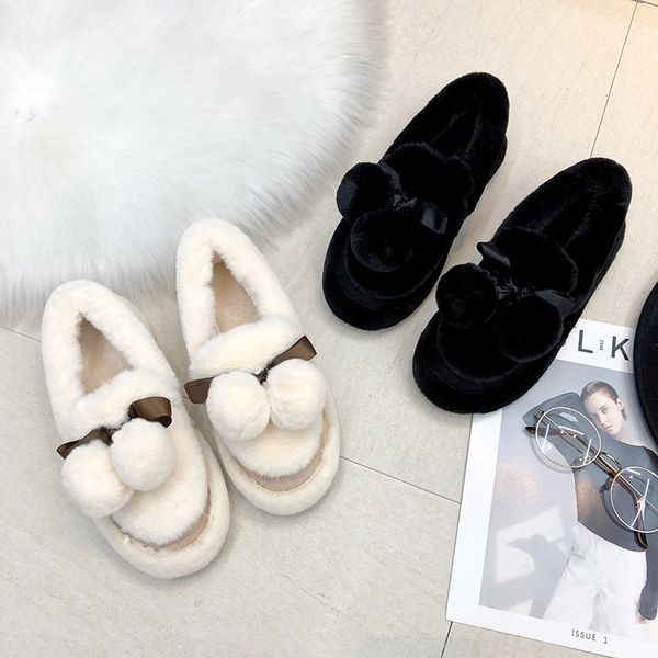 

home slippers female non-slip wear-resistant plus velvet warm cute cartoon white one pedal set mouth 2019 new winter, Black