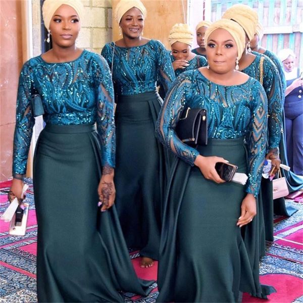 Avcı Yeşil Mermaid Uzun Nedime Elbiseler Uzun Kollu 2020 Sequins Aplike Boncuklu Müslüman Afrika Düğün Parti Konuk Kıyafeti