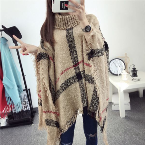 

2019 autumn new fashion high collar checkered sweater loose bat sleeve tassel cloak shawl women pullovers 60108, White;black