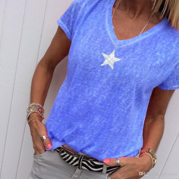 

2020 summer explosion models v-neck print five-pointed star loose female short-sleeved t-shirt neon roupas femininas, White