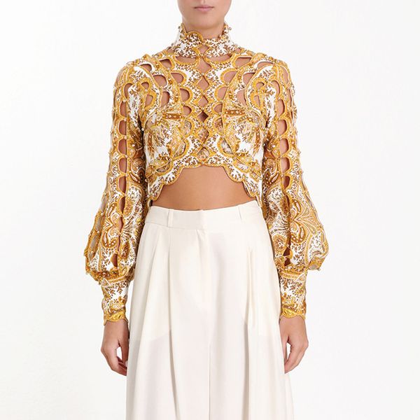 

brand designer women party blouse 2019 summer fashion stand collar hollow out rivet beaded long sleeve shirts cocktail prints crop, White