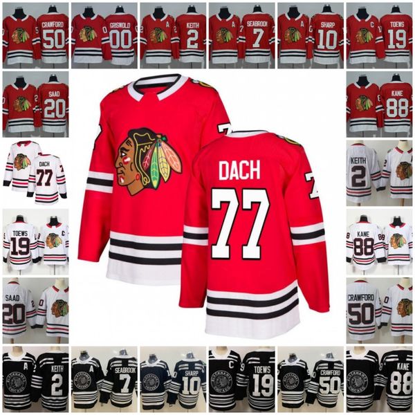 

77 kirby dach new chicago blackhawks 19 jonathan toews 88 patrick kane saad duncan keith marian hossa sharp brent seabrook crawford, Black;red