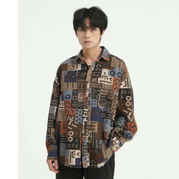 

men vintage pattern print casual long sleeve shirt male streetwear hip hop loose dress shirts, White;black