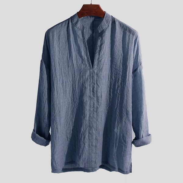 

causal men's shirt summer breathable long sleeve loose male blouse fashion solid color v-neck men's clothing chemise homme, White;black