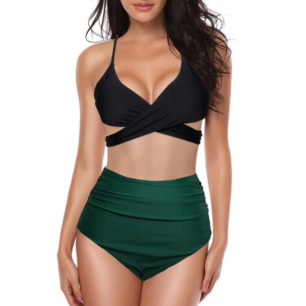 

mujer bikini 2019 new women's swimsuit padded gather high waist cover belly halter lace beach suit bikini beach swimwear #*