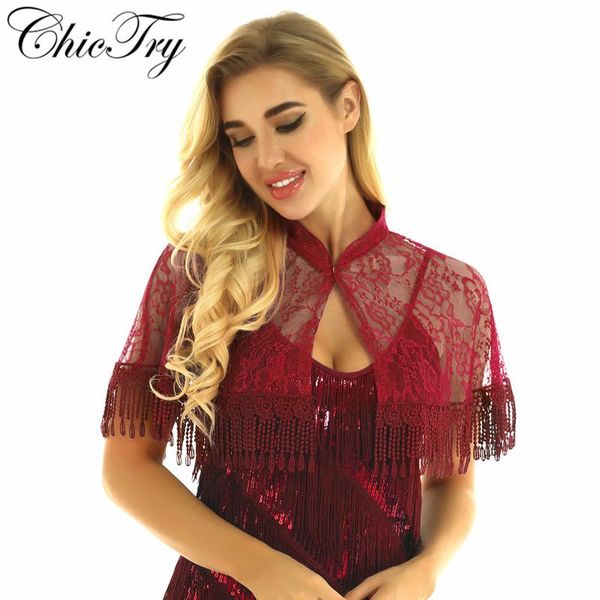 

womens female ladies elegant stand collar open front fringe tassel lace cape bridal floral lace shawl cover up wrap bolero, Black;brown