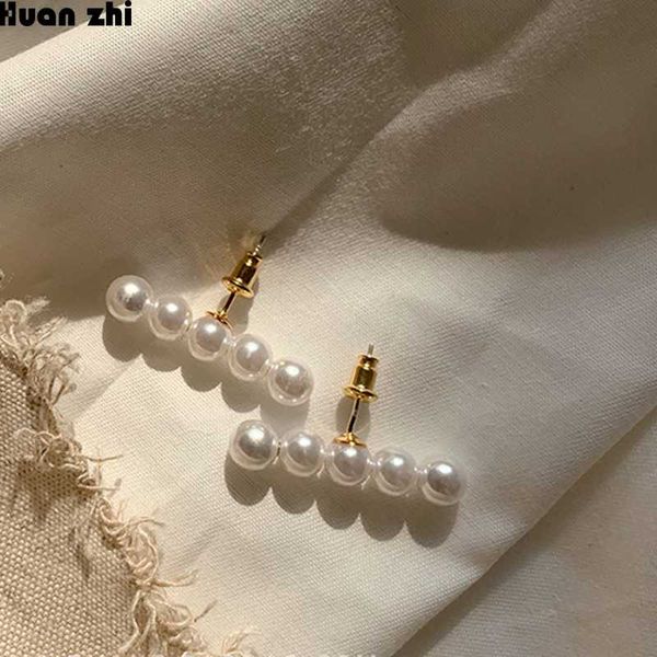 

huanzhi s925 sterling silver five pearl balance beam one line beads ball gold metal stud earrings for women girl party jewelry, Golden;silver