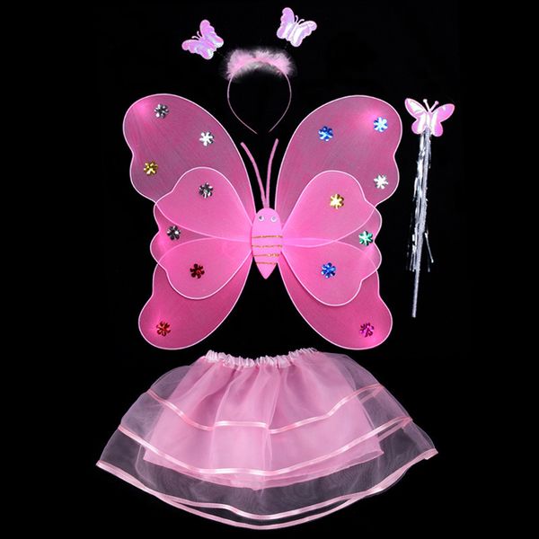 

4pcs kids girls fairy princess costume sets colorful stage wear butterfly wings wand headband tutu skirts ds9, White