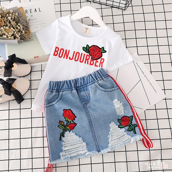 

children clothes summer baby girls clothes set cotton t-shirt+denim skirt tracksuit suit kids clothes for toddler girls 2 8 year y200623, White