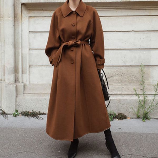 

autumn and winter new style korean-style mid-length loose-fit slimming lace-up woolen jacket women's large size over-the-knee so, Black;white