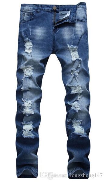 

new spring men biker jeans straight draped jeans elasticity hole trousers broken pants man's bleached rippid pants slim casual fold jea, Blue