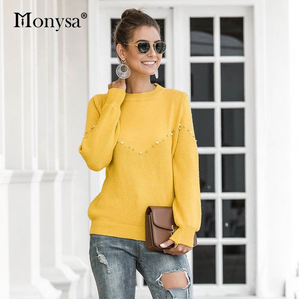 

beading womens sweaters 2019 autumn invierno new arrival long sleeve casual knitted sweater ladies pink blue yellow black beige, White;black