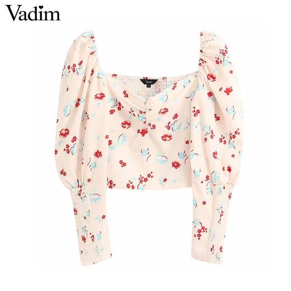 

vadim women chic floral print sweet blouse back elastic long sleeve short shirt female stylish beach crop blusas lb812, White