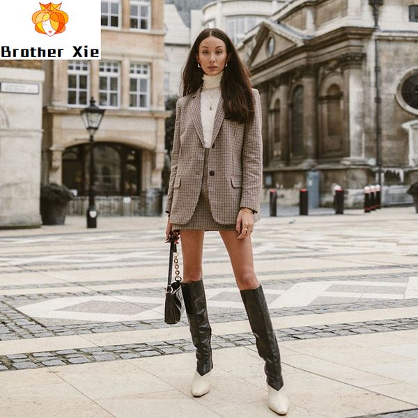 

fashion office ladies suit set women two piece set houndstooth single breasted blazer with high waist chic mini skirt, White