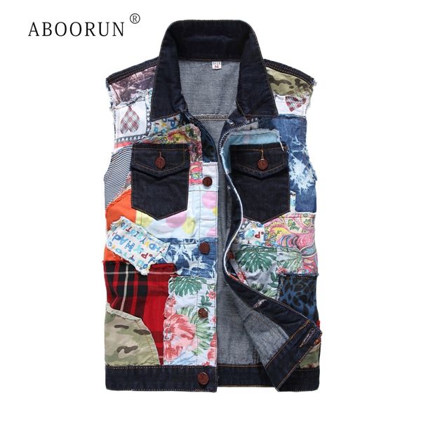

aboorun men's fashion denim vest colorful patchwork jean waistcoat brand sleeveless jacket for male r217, Black;white