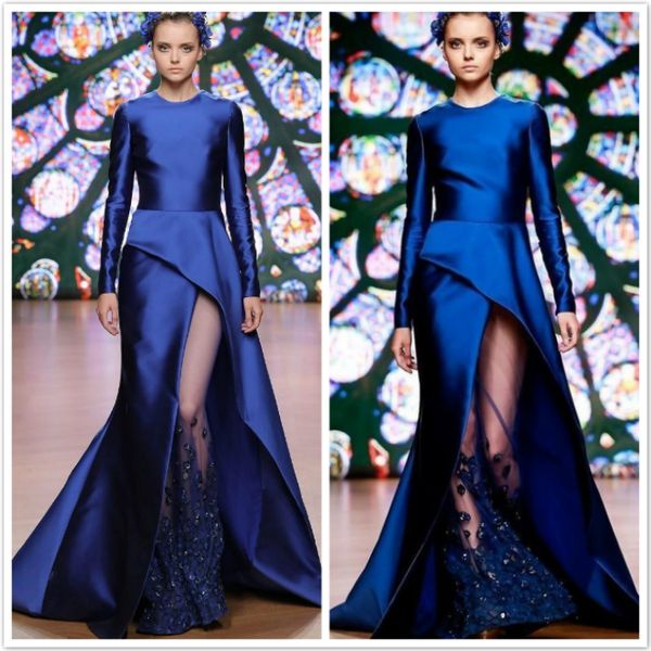 

celebrity 2020 blue prom dresses long sleeve front split evening dress satin sequins tiered runway fashion vestido de novia, Black;red