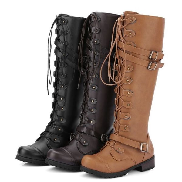 

new women's shoes winter cross strap long snow knee high bootie cowboy shoes leather fashion ladies boots shoes, Black