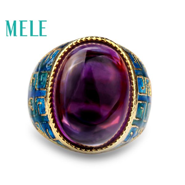 

natural amethyst 925 silver rings for women with big oval 13x18mm gemstone enamel craft vintage fine jewelry in violet color ly191217, Slivery;golden