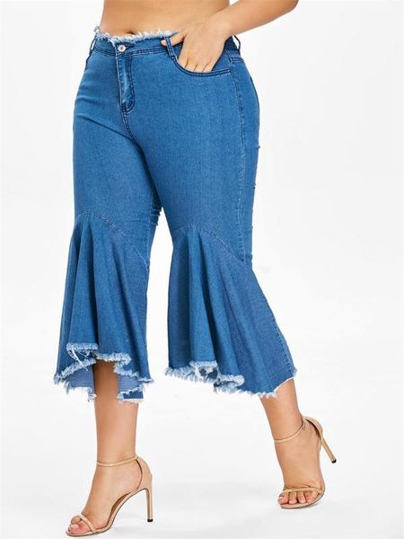 

2020women flare jeans plus size high waist fringe denim skinny pants woman stretch jeans female wide leg bell bottoms, Blue