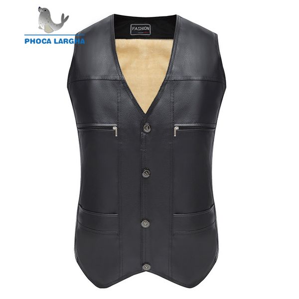 

2018 new winter men vest black biker motorcycle waistcoat male pu leather punk solid fleece warm sleeveless jacket mens, Black;white