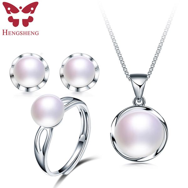 

white fine natural freshwater pearl necklace earrings ring set for girlfriend, 925 sterling silver women jewelry set, Black
