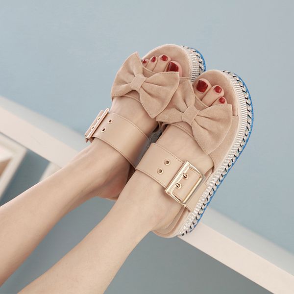 

shoes slippers flat med rubber flip flops slides butterfly-knot on a wedge flock platform shose women hawaiian, Black