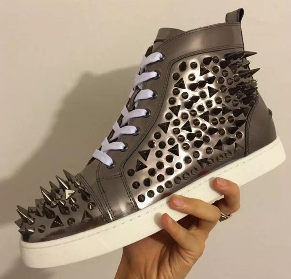 

new design brand rivets casual shoes for men and womens,designer couple red bottom sneakers high ssliver patent leather pik pik spikes, Black
