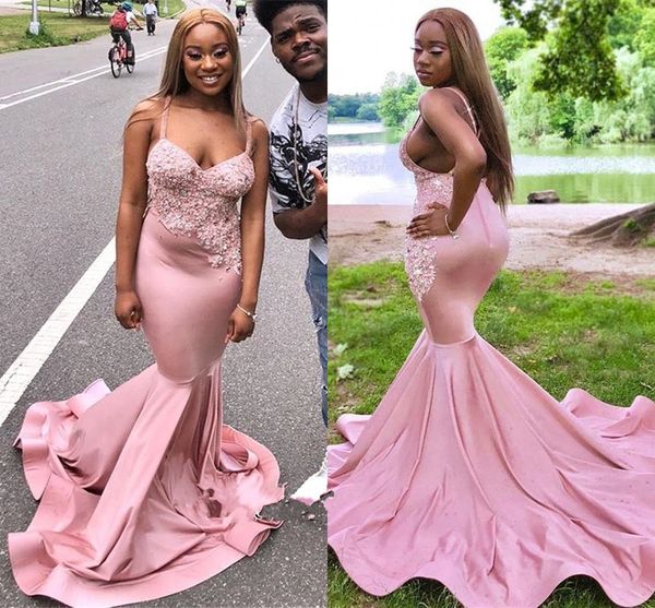 

2019 African Satin Pink Straps V Neck Girls Mermaid Prom Dresses Sleeveless Lace Beaded Long Formal Evening Gowns Custom Made, Black
