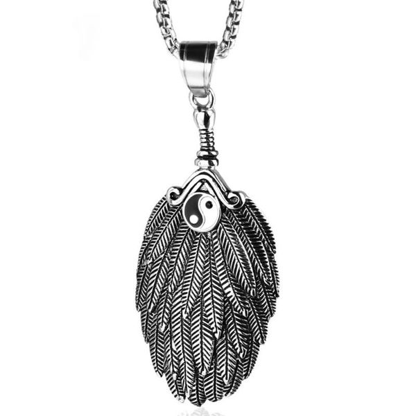 

tai chi bagua yin yang feather pendant necklace stainless steel zhuge liang feather fan men and women necklace jewelry, Silver