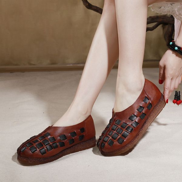 

original spring and summer new style flat loafers shoes retro women's genuine leather weaving soft-sole casual mother shoes, Black