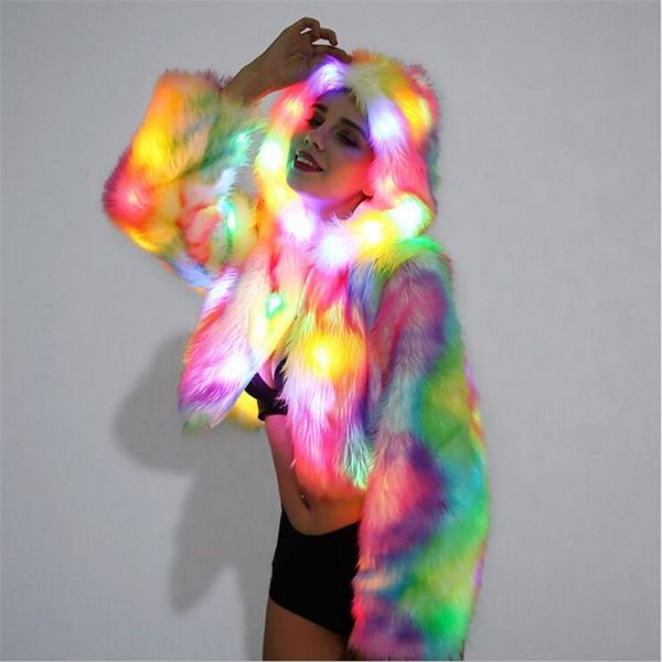 

2019 night club faux fur jacket coats with led luminous light patchwork fur with hooded colorful zipper short outerwear, Black