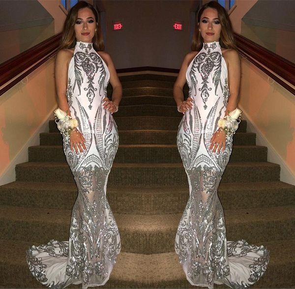 

2019 white mermaid evening dresses halter silver appliques long prom party dress girls formal wear bc1036, Black;red
