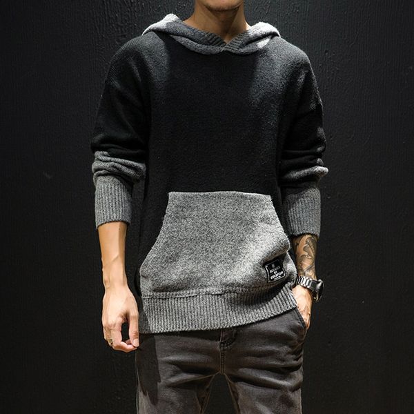 

autumn new hooded sweater men fashion contrast color casual knit pullover man streetwear wild loose warm big pocket sweater, White;black