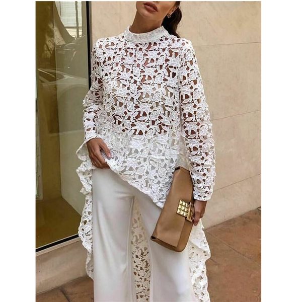 

2019 fashion trend women irregular loose long sleeve lace jumper pullover solid hollow ladies new stylish t-shirts tees, White