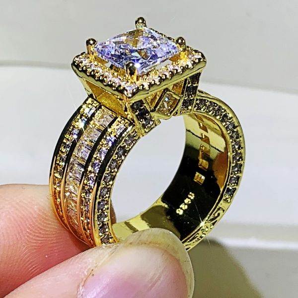Rulalei Sparkling Luxury Jewelry 925 Sterling Silver Gold Fill Princess Cut White Topaz CZ Diamond Gemstones Women Wedding Band Ring Gift