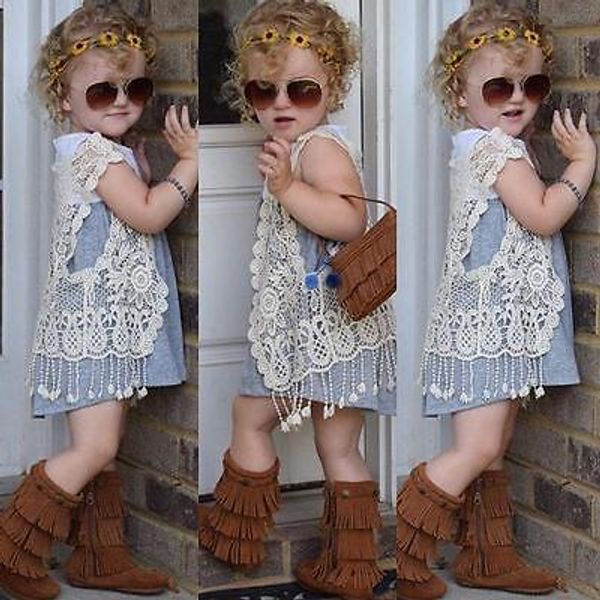 

toddler kid baby girl crochet lace hollow out t-shirt vest tassel waistcoat, Blue