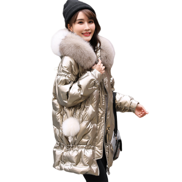 

winter high grade fur collar down jacket women clothing long 2020 new white duck down glossy parka coat loose female jacket, Black