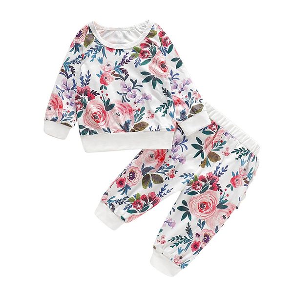

baby clotes sets autumn children baby boys girl casual long sleeve floral print blouse +pants trouser costume set, White