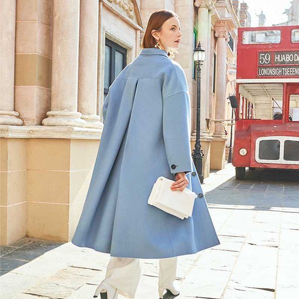 

ael winter 100% wool double woolen coat women gray-blue retro wide sleeves overcoat fashion loose lady long outcoat, Black